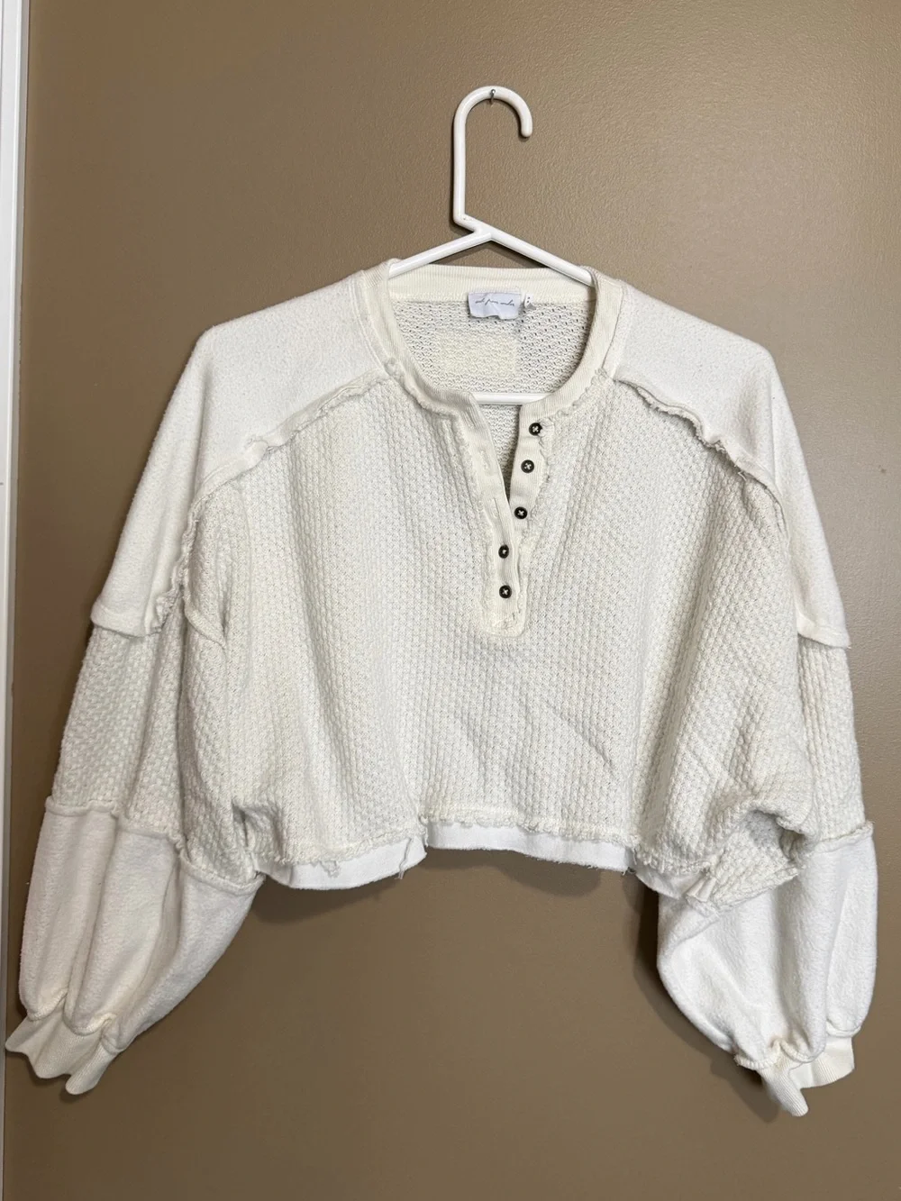 Free People Ivory Cropped Henley Sweatshirt